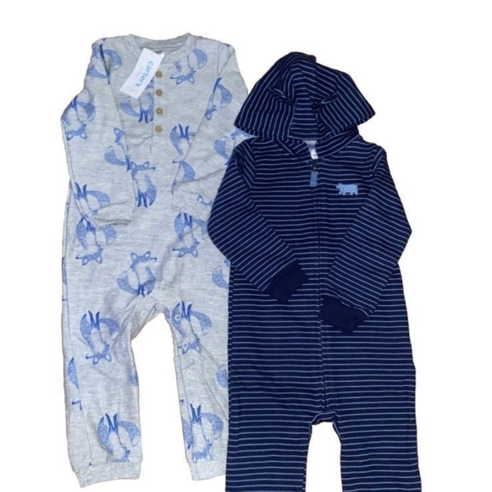 Boys Size 24M Adorable Carter's 2-Pack Jumpsuits Outfits Blue Gray Fox Bear. NWT